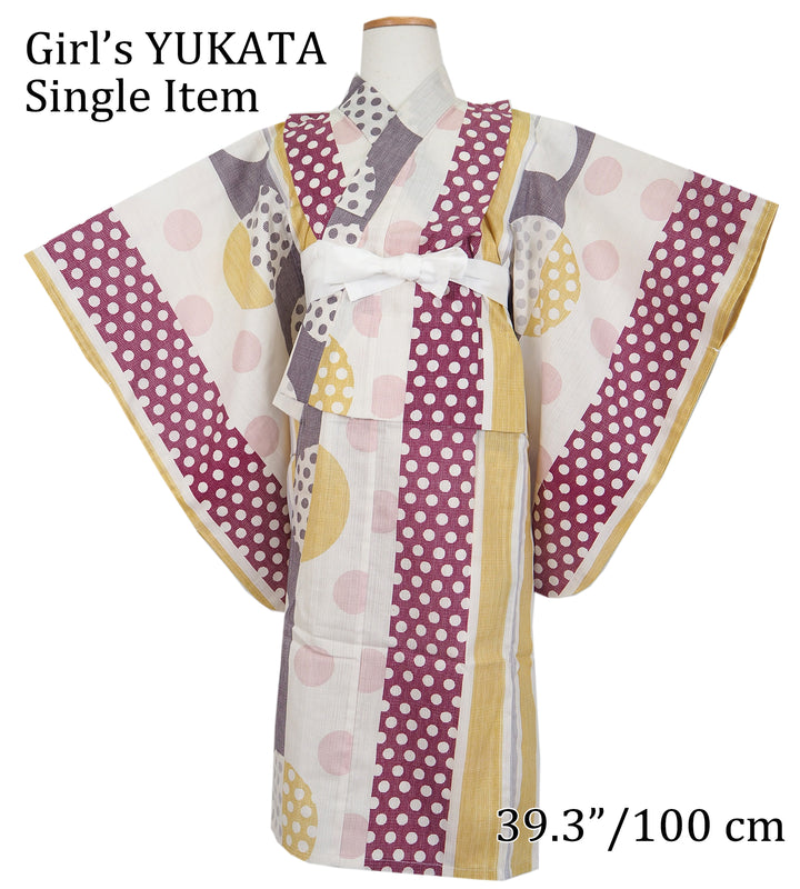 Girl's Cotton Yukata, Casual Summer Kimono, Off-White Dot Pattern