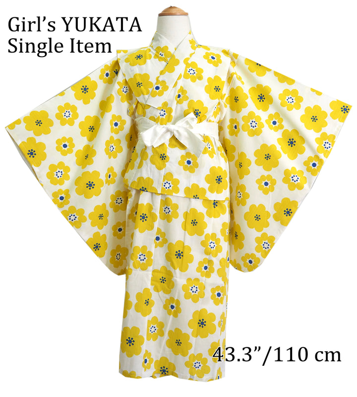 Girl's Cotton Yukata, Casual Summer Kimono, Off-White Flower Design