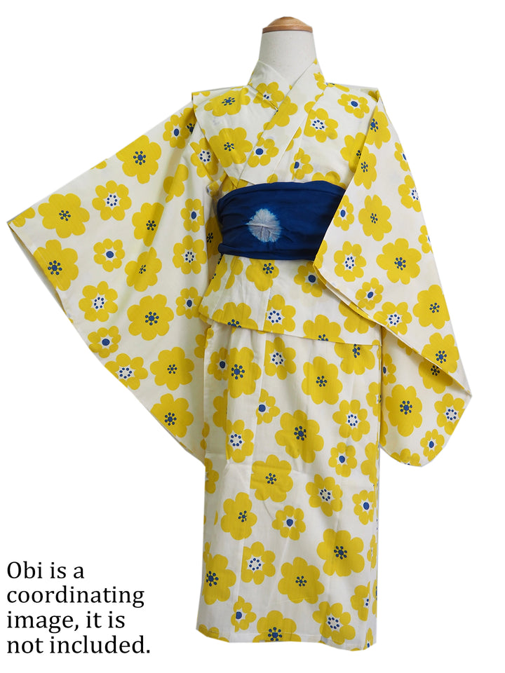 Girl's Cotton Yukata, Casual Summer Kimono, Off-White Flower Design