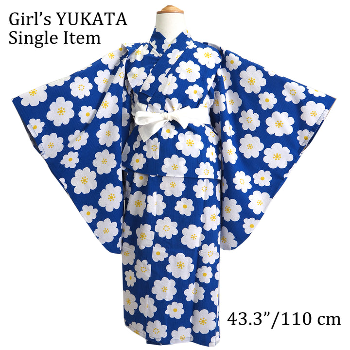 Girl's Cotton Yukata, Casual Summer Kimono, Blue Flower Design