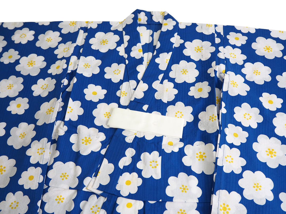 Girl's Cotton Yukata, Casual Summer Kimono, Blue Flower Design