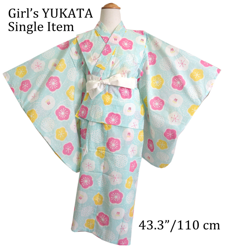 Girl's Cotton Yukata, Casual Summer Kimono, Pale Blue Flower Design