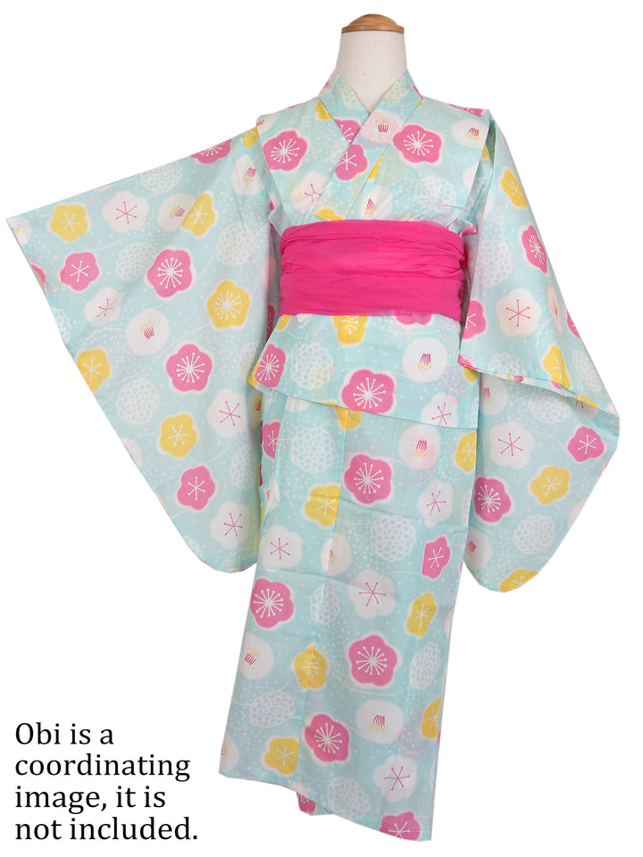 Girl's Cotton Yukata, Casual Summer Kimono, Pale Blue Flower Design