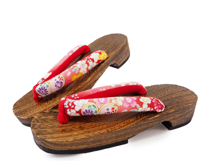 WOMEN'S JAPANESE KIMONO YUKATA WOODEN GETA SANDALS, RED HANAO