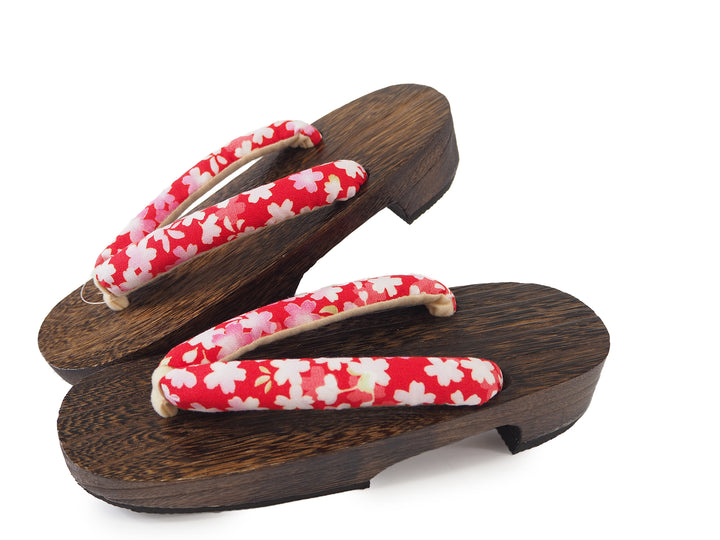 WOMEN'S JAPANESE KIMONO YUKATA WOODEN GETA SANDALS, RED HANAO