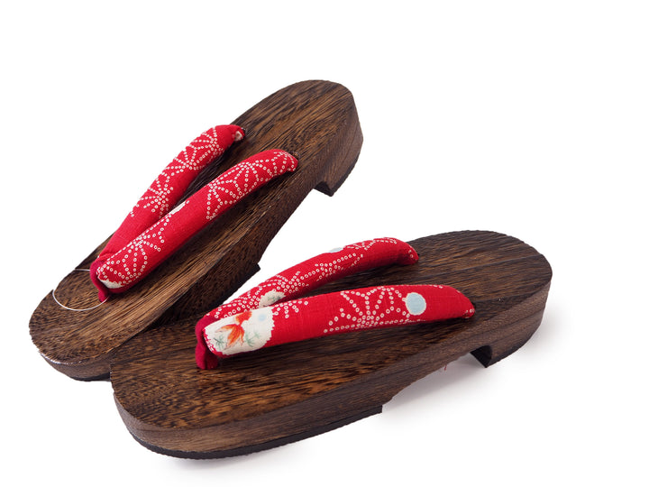 WOMEN'S JAPANESE KIMONO YUKATA WOODEN GETA SANDALS, RED HANAO