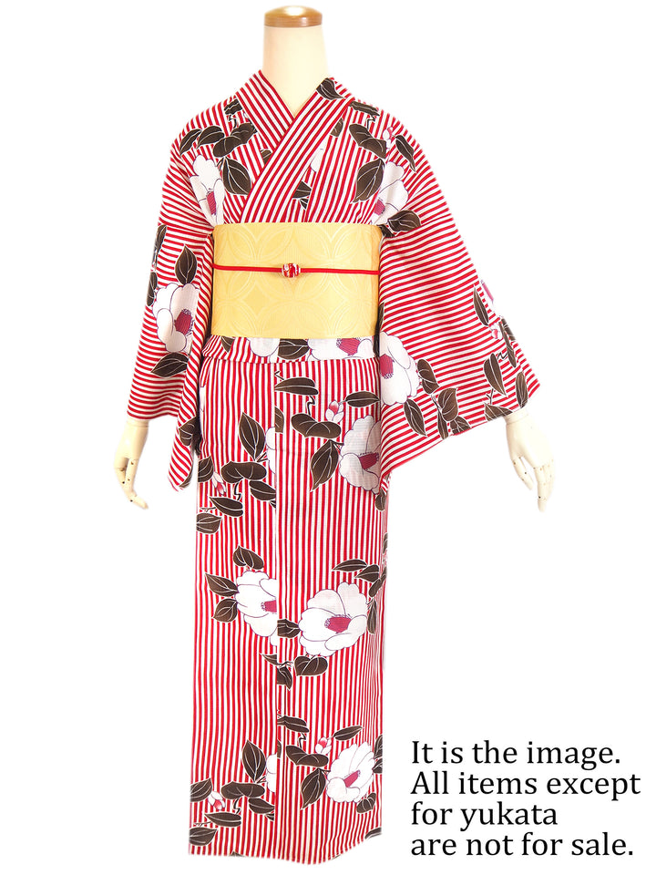 Women's Cotton Yukata, Casual Summer Kimono, Red and White, Camellia