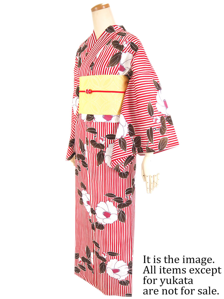 Women's Cotton Yukata, Casual Summer Kimono, Red and White, Camellia