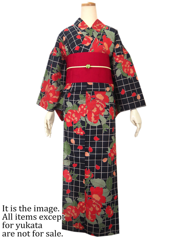 Women's Cotton Yukata, Casual Summer Kimono, Black and Grey, Flower