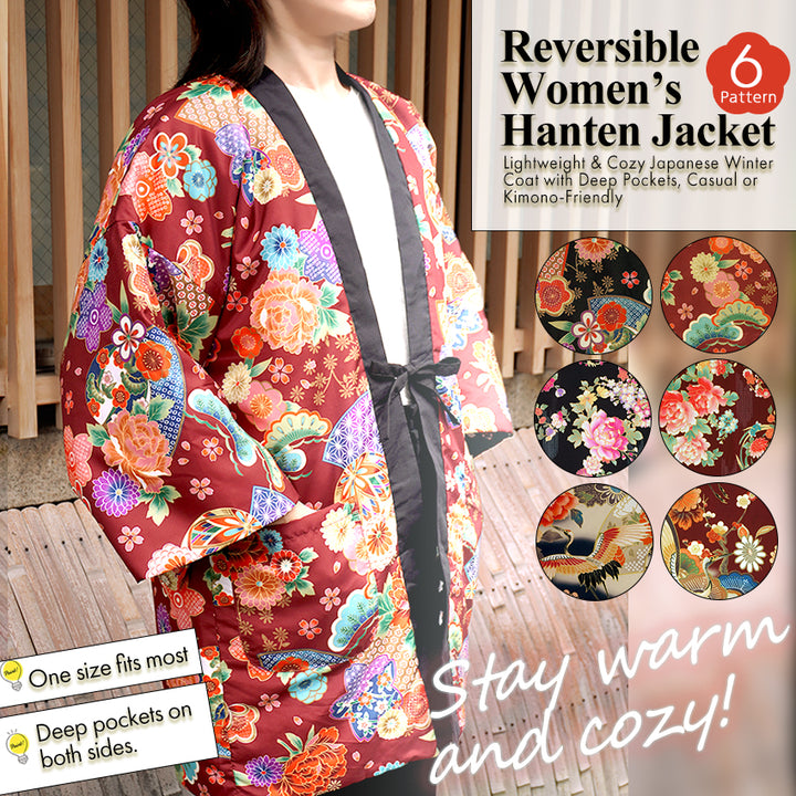 Reversible Women’s Hanten Jacket – Lightweight & Cozy Japanese Kimono Haori Winter Jacket Coat Outerwear