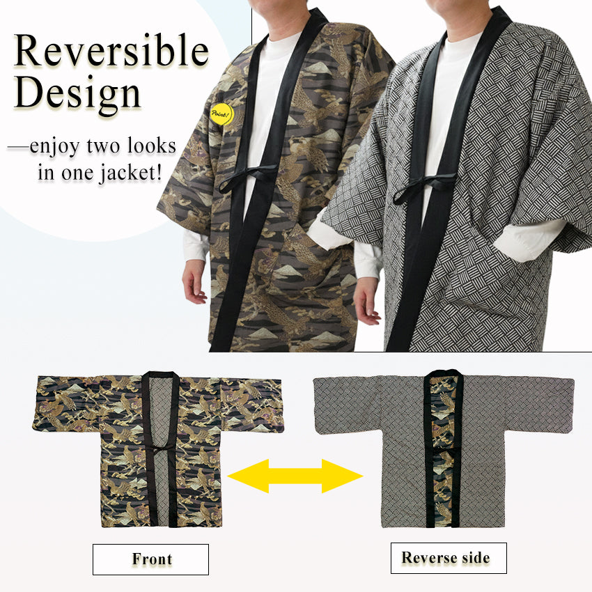 Reversible Japanese Hanten Jacket for Men – Cozy Kimono-Style Coat with Dual Patterns (Black/Blue/Gold)