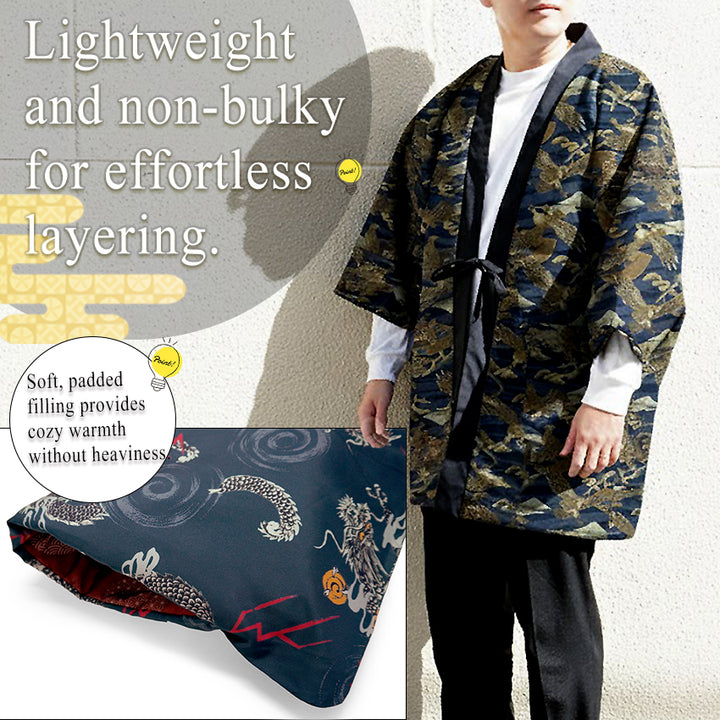 Reversible Japanese Hanten Jacket for Men – Cozy Kimono-Style Coat with Dual Patterns (Black/Blue/Gold)