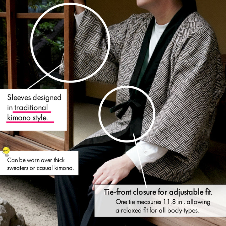 Reversible Japanese Hanten Jacket for Men – Cozy Kimono-Style Coat with Dual Patterns (Black/Blue/Gold)