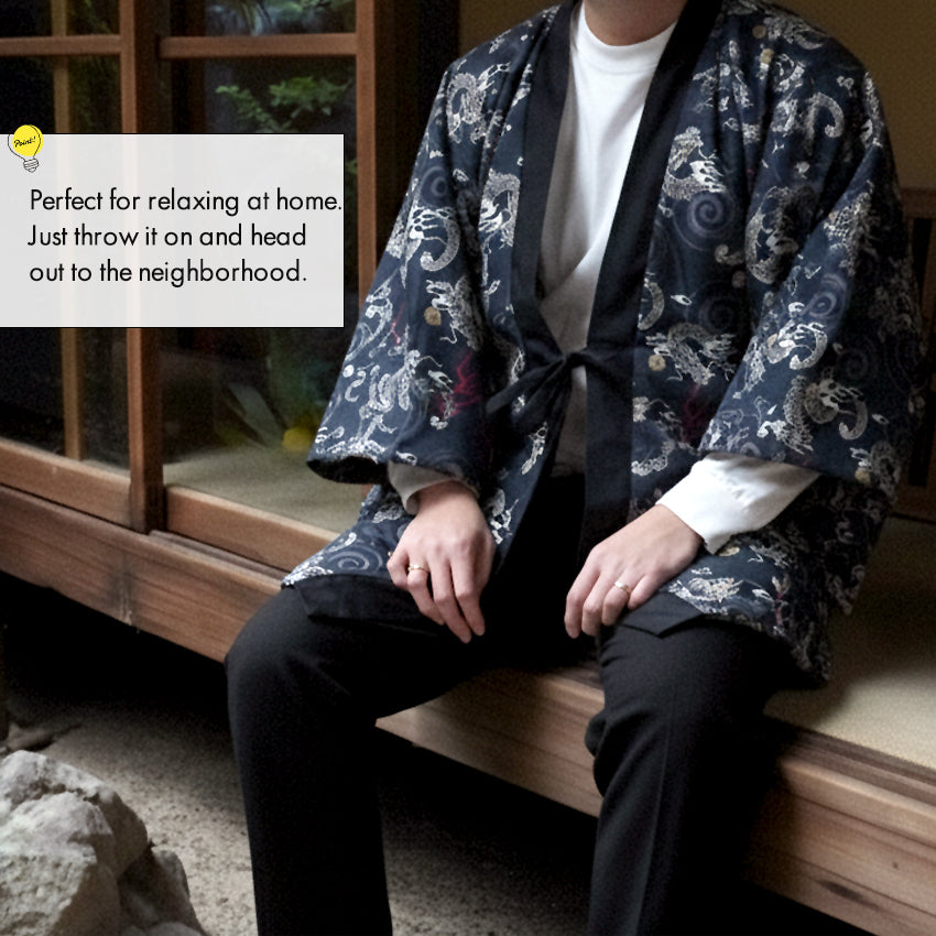 Reversible Japanese Hanten Jacket for Men – Cozy Kimono-Style Coat with Dual Patterns (Black/Blue/Gold)