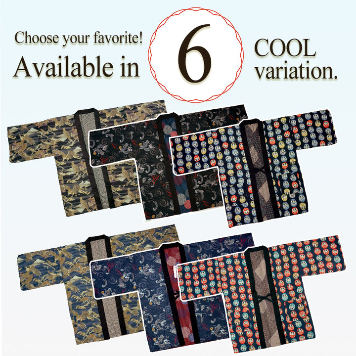 Reversible Japanese Hanten Jacket for Men – Cozy Kimono-Style Coat with Dual Patterns (Black/Blue/Gold)