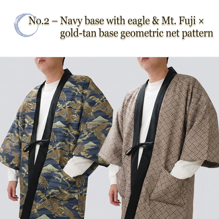 Reversible Japanese Hanten Jacket for Men – Cozy Kimono-Style Coat with Dual Patterns (Black/Blue/Gold)