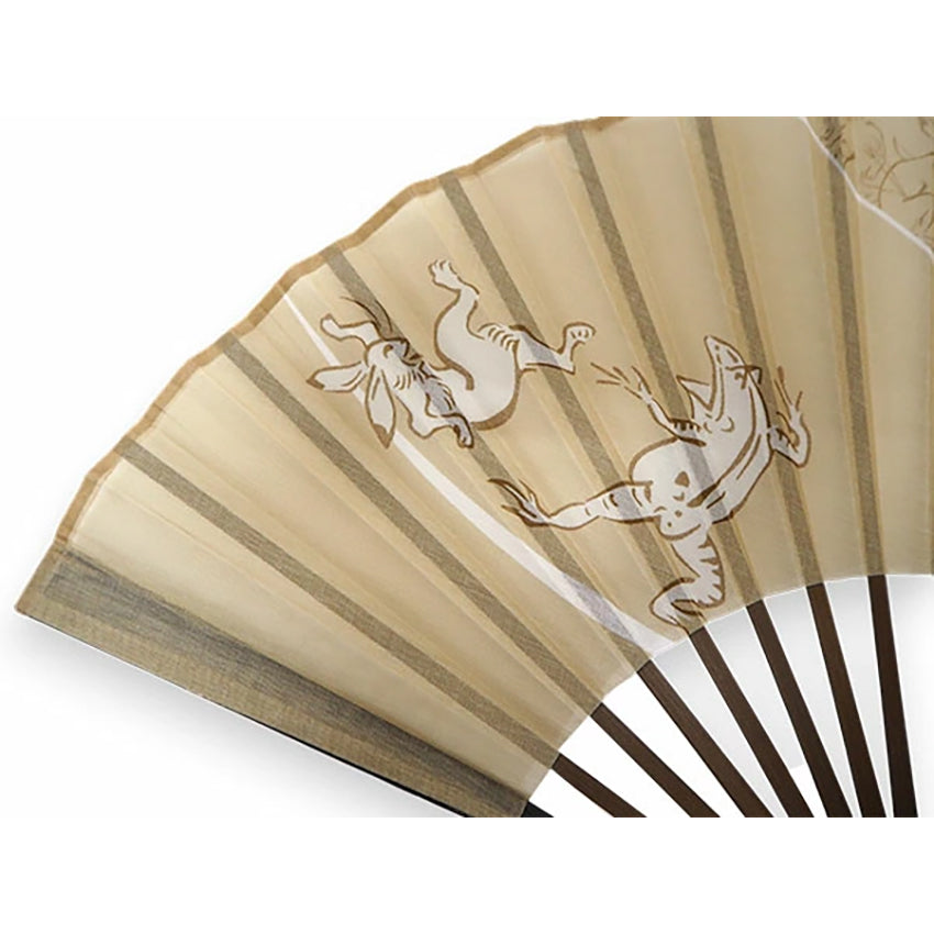 Folding Hand Fan for Men,Surface Cotton ,Bamboo Frame,  Beige base ,  “Chōjū-giga” animal caricatures  design