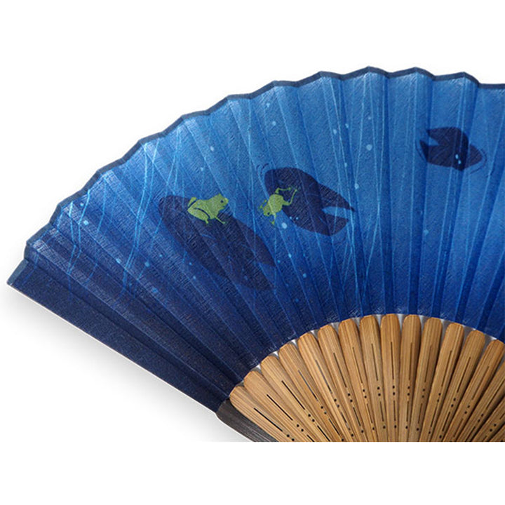 Folding Hand Fan for Men ,Surface Cotton, Bamboo Frame,  Navy base,  frogs playing with raindrops on lotus