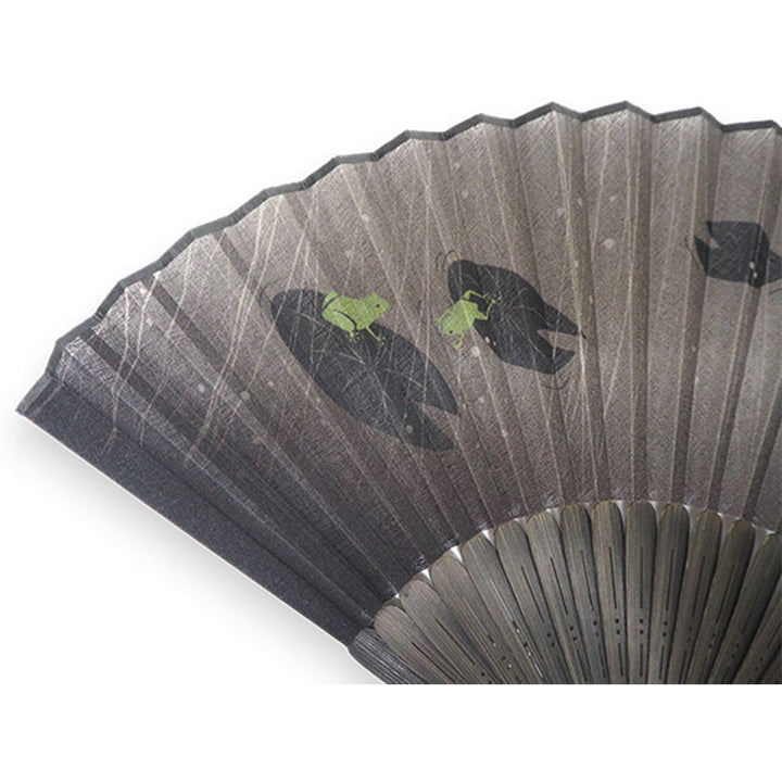Folding Hand Fan for Men ,Surface Cotton, Bamboo Frame, Black base,  frogs playing with raindrops on lotus