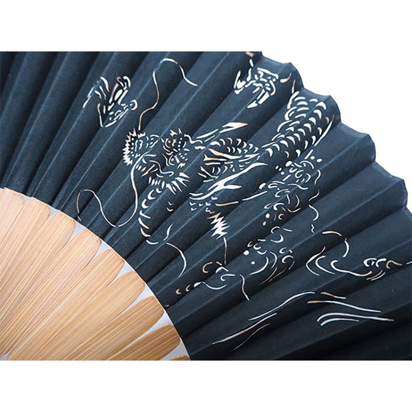 Folding Hand Fan for Men ,Surface Silk, Bamboo Frame,  Black base, Waves & Dragon Design