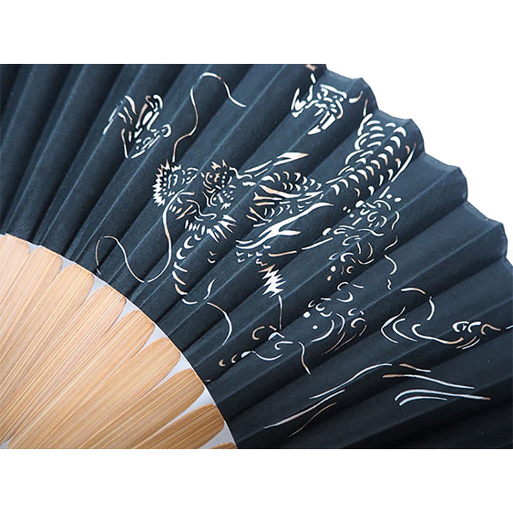 Folding Hand Fan for Men ,Surface Silk, Bamboo Frame,  Black base, Waves & Dragon Design