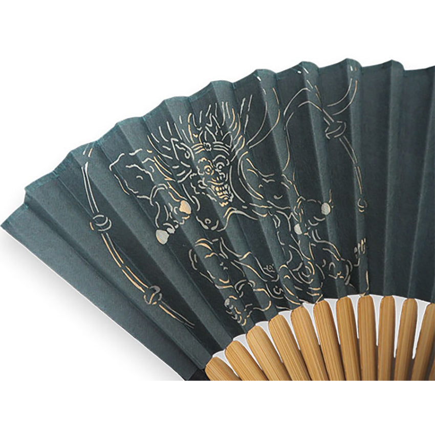Folding Hand Fan for Men ,Surface Silk, Bamboo Frame,  moss green base, Wind God & Thunder God Design