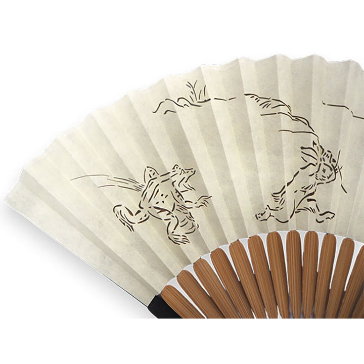 Folding Hand Fan for Men ,Surface Silk, Bamboo Frame,  light beig base,  “Chōjū-giga” animal caricatures  design