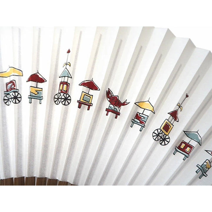 Folding Hand Fan for Men ,Surface Paper, Bamboo Frame, White base,This fan captures the iconic Kyoto festivals pattern