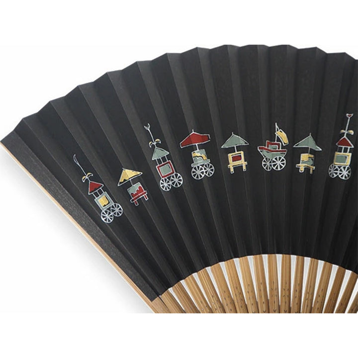 Folding Hand Fan for Men ,Surface Paper, Bamboo Frame, Black base,This fan captures the iconic Kyoto festivals pattern