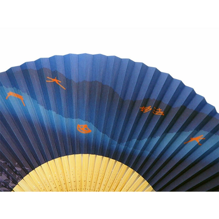 Folding Hand Fan for Men ,Surface Paper, Bamboo Frame,  Navy  base, captures the iconic Kyoto festival pattern