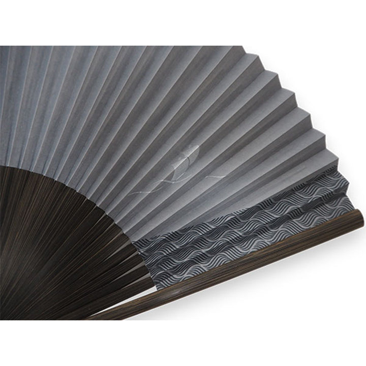 Folding Hand Fan for Men ,Surface Paper, Bamboo Frame, Gray base, A graceful sailboat rocking gently over stylized waves pattern