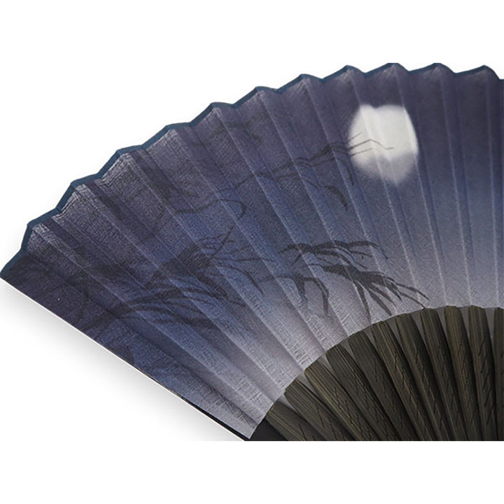 Folding Hand Fan for Men,Surface Cotton ,Bamboo Frame, Navy, pale gray gradation  base, pampas grass and hazy moon design