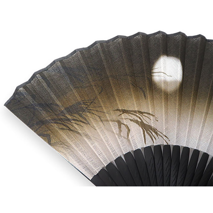 Folding Hand Fan for Men,Surface Cotton ,Bamboo Frame,  Dark brown , pale gray beige gradation  base, pampas grass and hazy moon design
