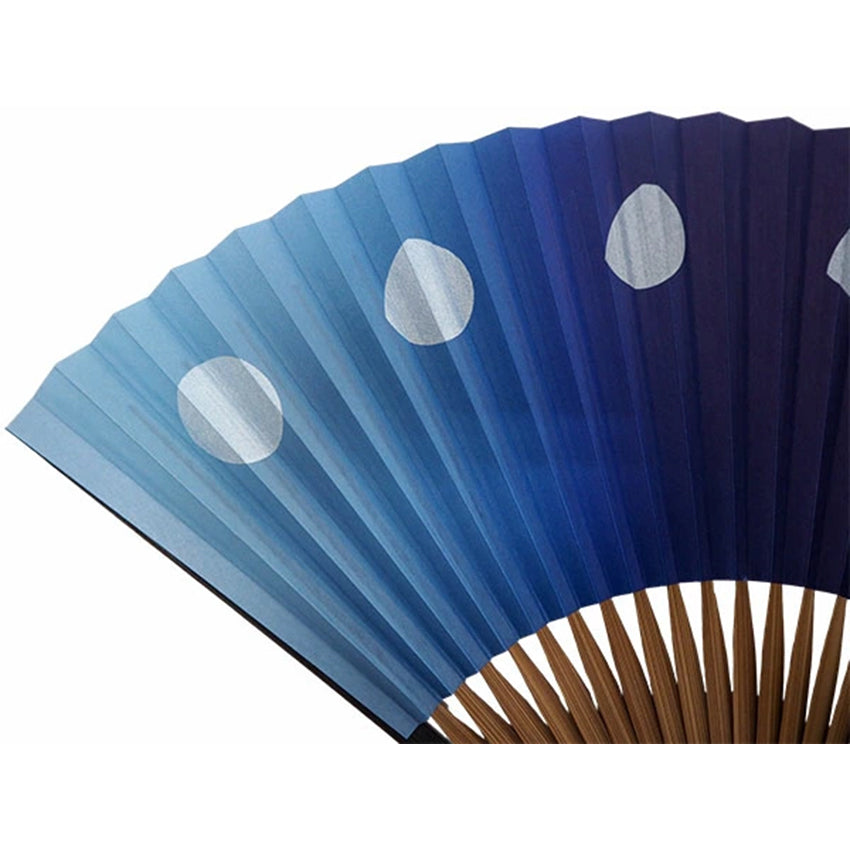 Folding Hand Fan for Men ,Surface Paper, Bamboo Frame, Blue base, shimmering silver moons pattern
