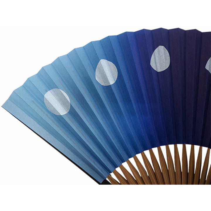 Folding Hand Fan for Men ,Surface Paper, Bamboo Frame, Blue base, shimmering silver moons pattern