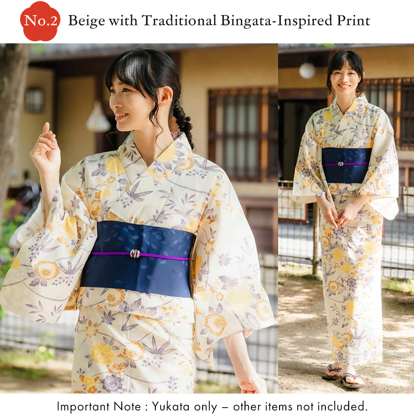Easy-to-Wear Two-Piece Yukata for Women – Lightweight Japanese Summer Kimono Outfit, Beginner-Friendly, Lily, Grape Motif, Chrysanthemum, Camellia, Floral Pattern