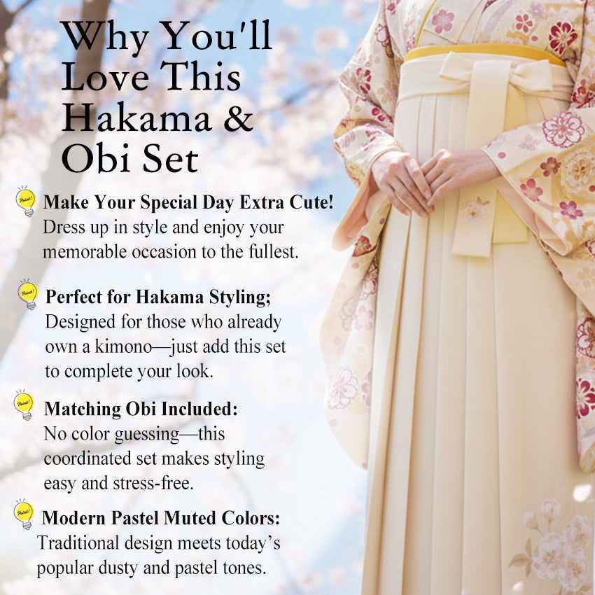 Embroidered Japanese Hakama & Matching Obi Set for Women – Soft Pastel Colors, Traditional Graduation & Ceremony Style, Elegant Japanese Formal Wear