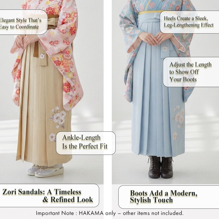 Embroidered Japanese Hakama & Matching Obi Set for Women – Soft Pastel Colors, Traditional Graduation & Ceremony Style, Elegant Japanese Formal Wear