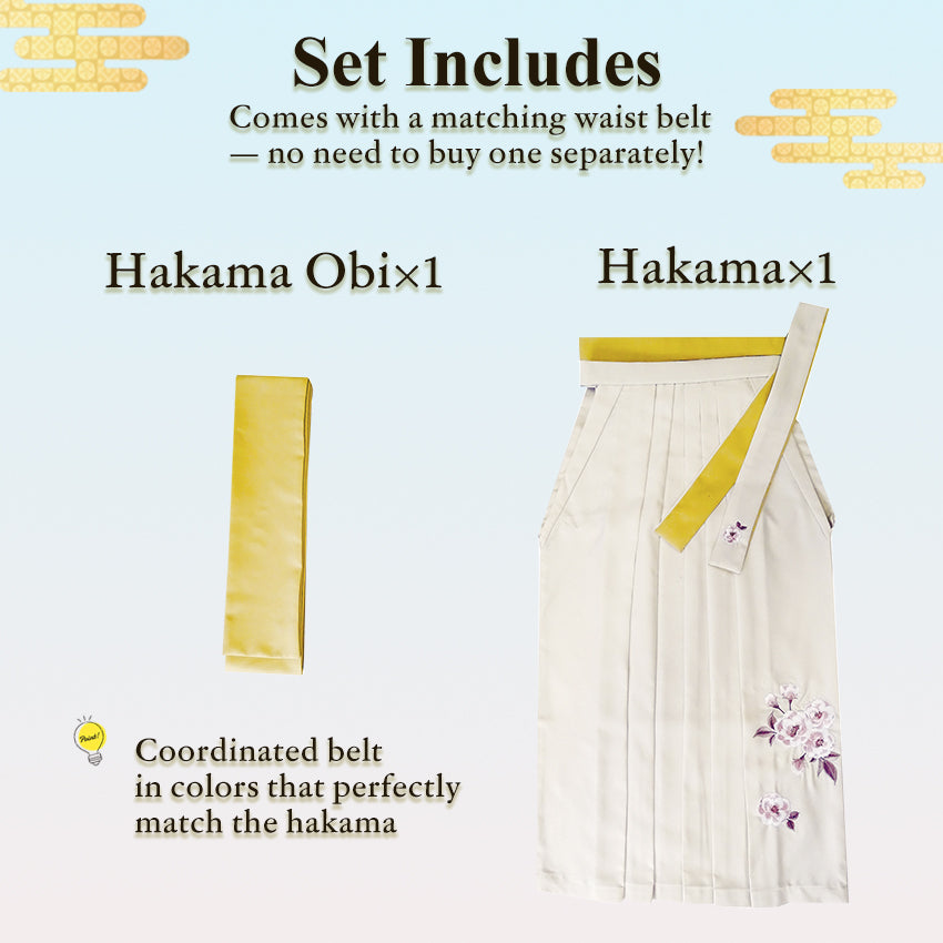 Embroidered Japanese Hakama & Matching Obi Set for Women – Soft Pastel Colors, Traditional Graduation & Ceremony Style, Elegant Japanese Formal Wear