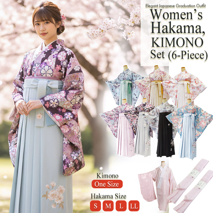 Japanese Washable Hakama & Kimono Set for Women – 6-Piece Complete Graduation Outfit, Ready-to-Wear Traditional Japanese Clothing, Chrysanthemum, Peonies, Cherry blossoms, Floral pattern