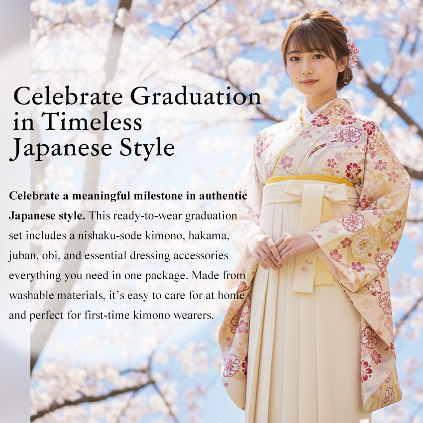 Japanese Washable Hakama & Kimono Set for Women – 6-Piece Complete Graduation Outfit, Ready-to-Wear Traditional Japanese Clothing, Chrysanthemum, Peonies, Cherry blossoms, Floral pattern