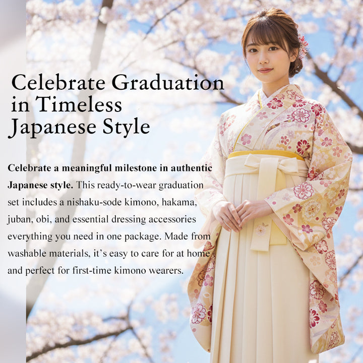 Japanese Washable Hakama & Kimono Set for Women – 6-Piece Complete Graduation Outfit, Ready-to-Wear Traditional Japanese Clothing, Chrysanthemum, Peonies, Cherry blossoms, Floral pattern