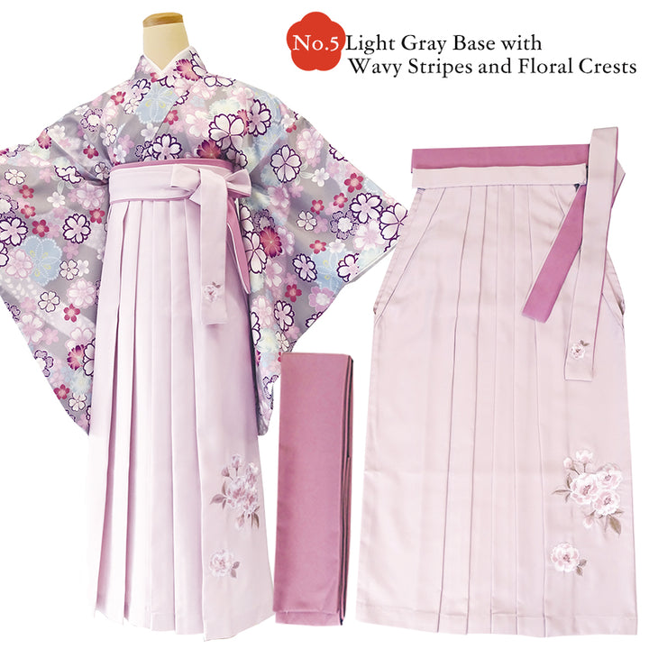 Japanese Washable Hakama & Kimono Set for Women – 6-Piece Complete Graduation Outfit, Ready-to-Wear Traditional Japanese Clothing, Chrysanthemum, Peonies, Cherry blossoms, Floral pattern