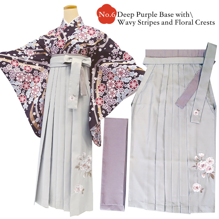 Japanese Washable Hakama & Kimono Set for Women – 6-Piece Complete Graduation Outfit, Ready-to-Wear Traditional Japanese Clothing, Chrysanthemum, Peonies, Cherry blossoms, Floral pattern