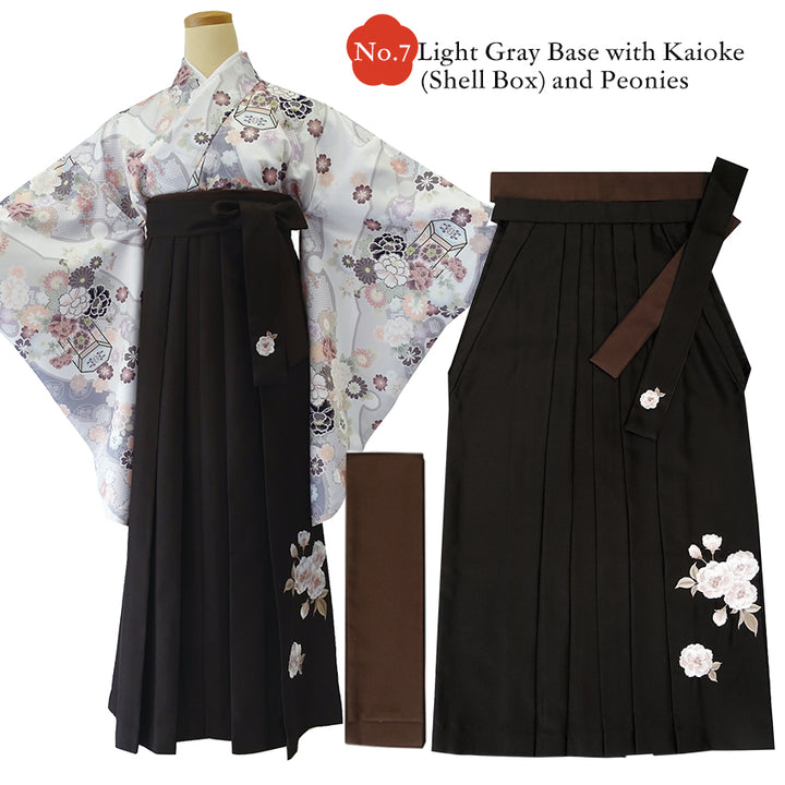Japanese Washable Hakama & Kimono Set for Women – 6-Piece Complete Graduation Outfit, Ready-to-Wear Traditional Japanese Clothing, Chrysanthemum, Peonies, Cherry blossoms, Floral pattern
