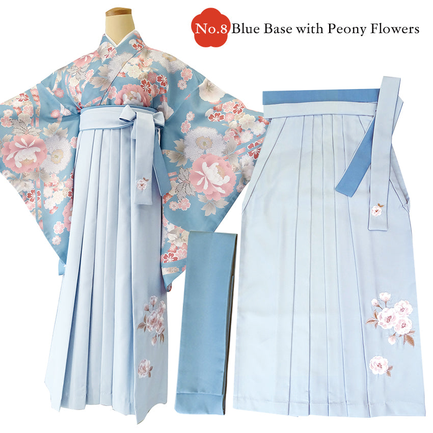 Japanese Washable Hakama & Kimono Set for Women – 6-Piece Complete Graduation Outfit, Ready-to-Wear Traditional Japanese Clothing, Chrysanthemum, Peonies, Cherry blossoms, Floral pattern