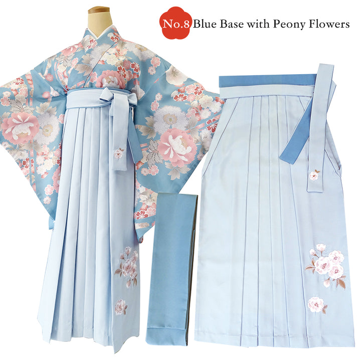 Japanese Washable Hakama & Kimono Set for Women – 6-Piece Complete Graduation Outfit, Ready-to-Wear Traditional Japanese Clothing, Chrysanthemum, Peonies, Cherry blossoms, Floral pattern