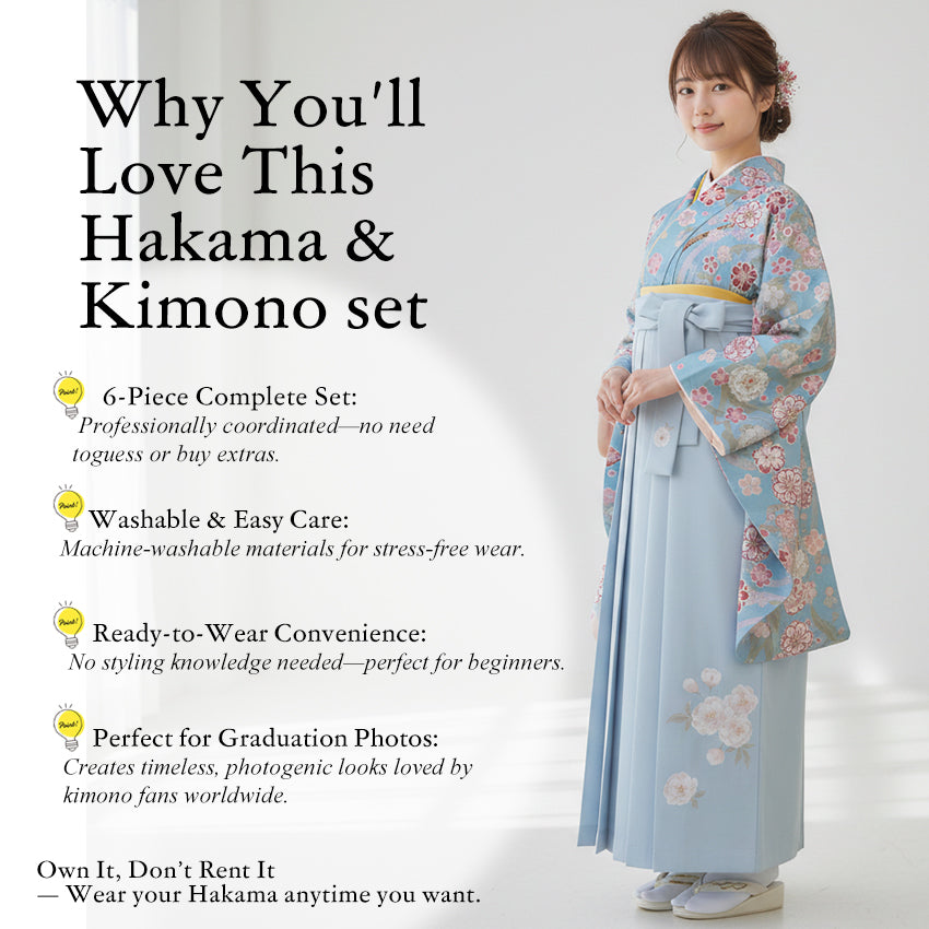 Japanese Washable Hakama & Kimono Set for Women – 6-Piece Complete Graduation Outfit, Ready-to-Wear Traditional Japanese Clothing, Chrysanthemum, Peonies, Cherry blossoms, Floral pattern
