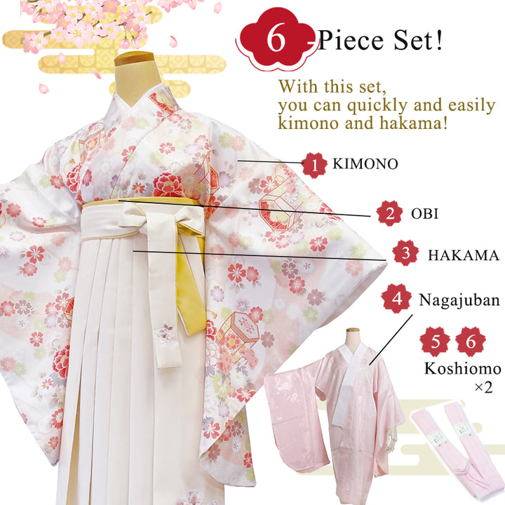 Japanese Washable Hakama & Kimono Set for Women – 6-Piece Complete Graduation Outfit, Ready-to-Wear Traditional Japanese Clothing, Chrysanthemum, Peonies, Cherry blossoms, Floral pattern