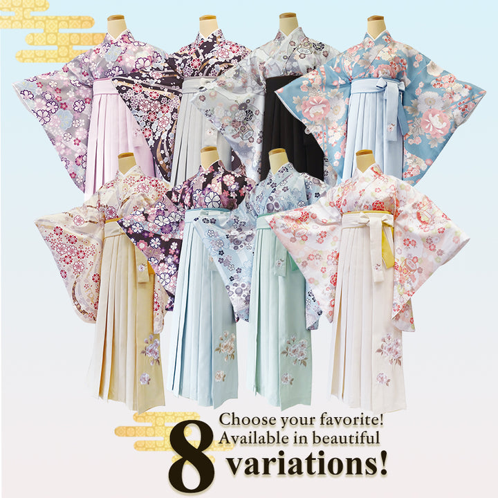 Japanese Washable Hakama & Kimono Set for Women – 6-Piece Complete Graduation Outfit, Ready-to-Wear Traditional Japanese Clothing, Chrysanthemum, Peonies, Cherry blossoms, Floral pattern